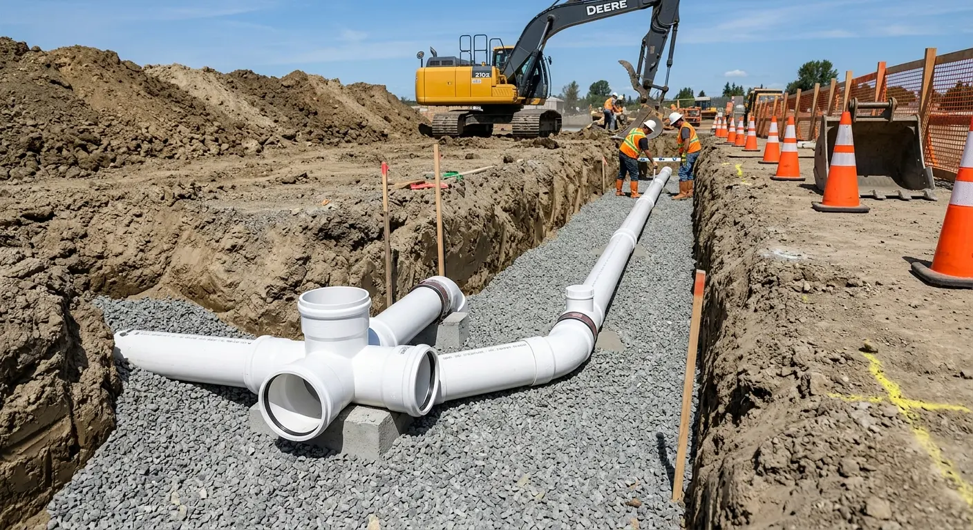 New PVC sewer pipe installation in open trench for Commercial Drain Cleaning in Forestville